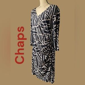 Chaps-XL black/tan geometric dress. Side rouching, V neck, pull over. Like new!!